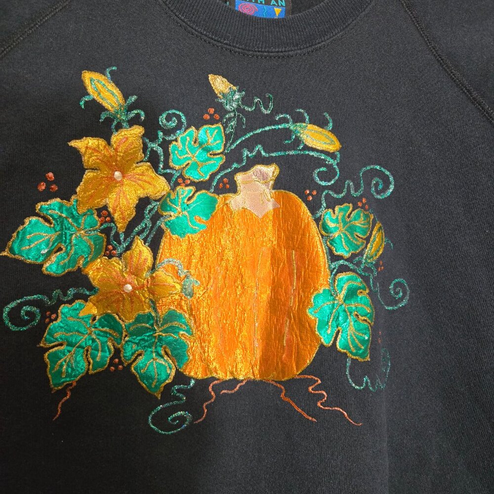 1990s Style "With an Attitude" Brand Pumpkin Puff Paint Black Sweatshirt Size XL - Picture 2 of 8